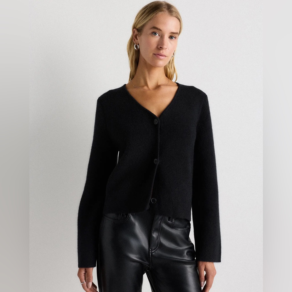 Quince Women Mongolian Cashmere Structured V-Neck Cardigan Sleeved Top Black S